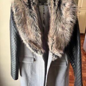 Fabulous Furs Gray Trench Coat with Faux Fur and Faux Leather